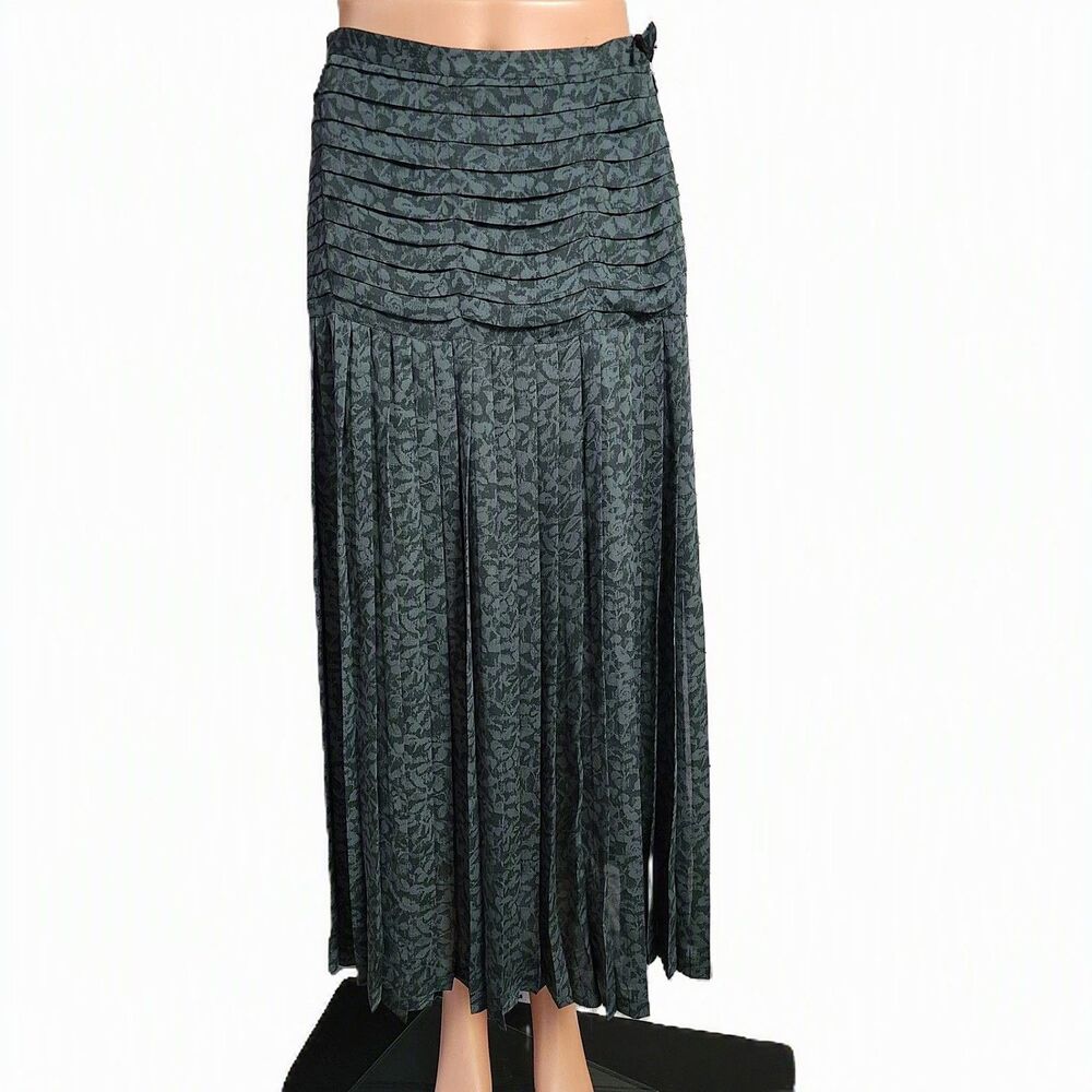 Vintage 90s Rodier Paris Gray Abstract Floral Pleated Maxi Skirt - FR 40 / US 8